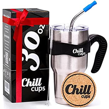 Insulated Travel Coffee Thermal Mug - 30 oz Double Wall Vacuum Drinking Stainless Steel Tumbler Cup with Spill Proof Lid, Handle and 8mm Straw - Silicone Tip -