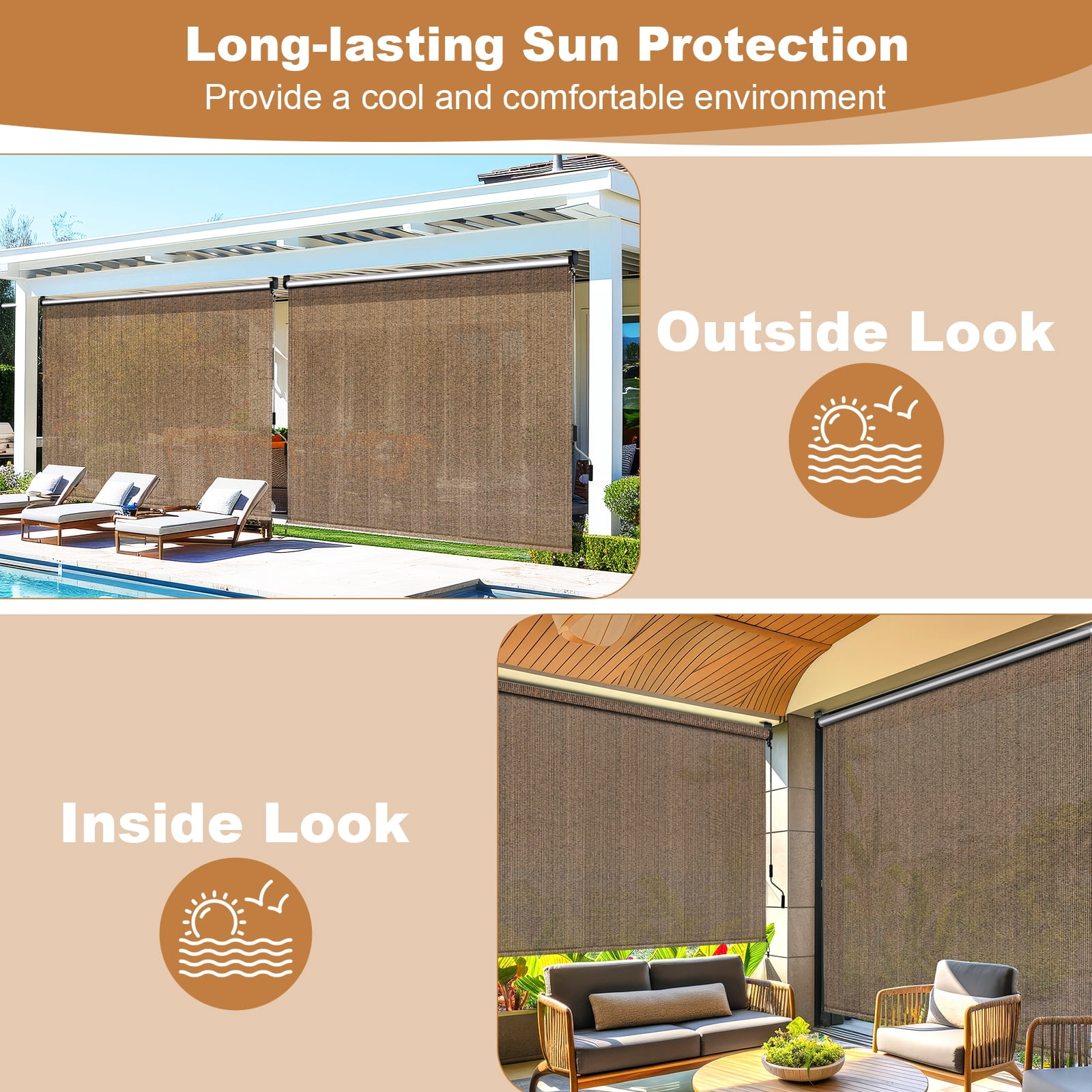 LIFERUN Outdoor Roller Sun Shade 8'W x 6'H, HDPE shade cloth, aluminum tube, cordless wand crank,for pergola/patio/porch/garden (Coffee)