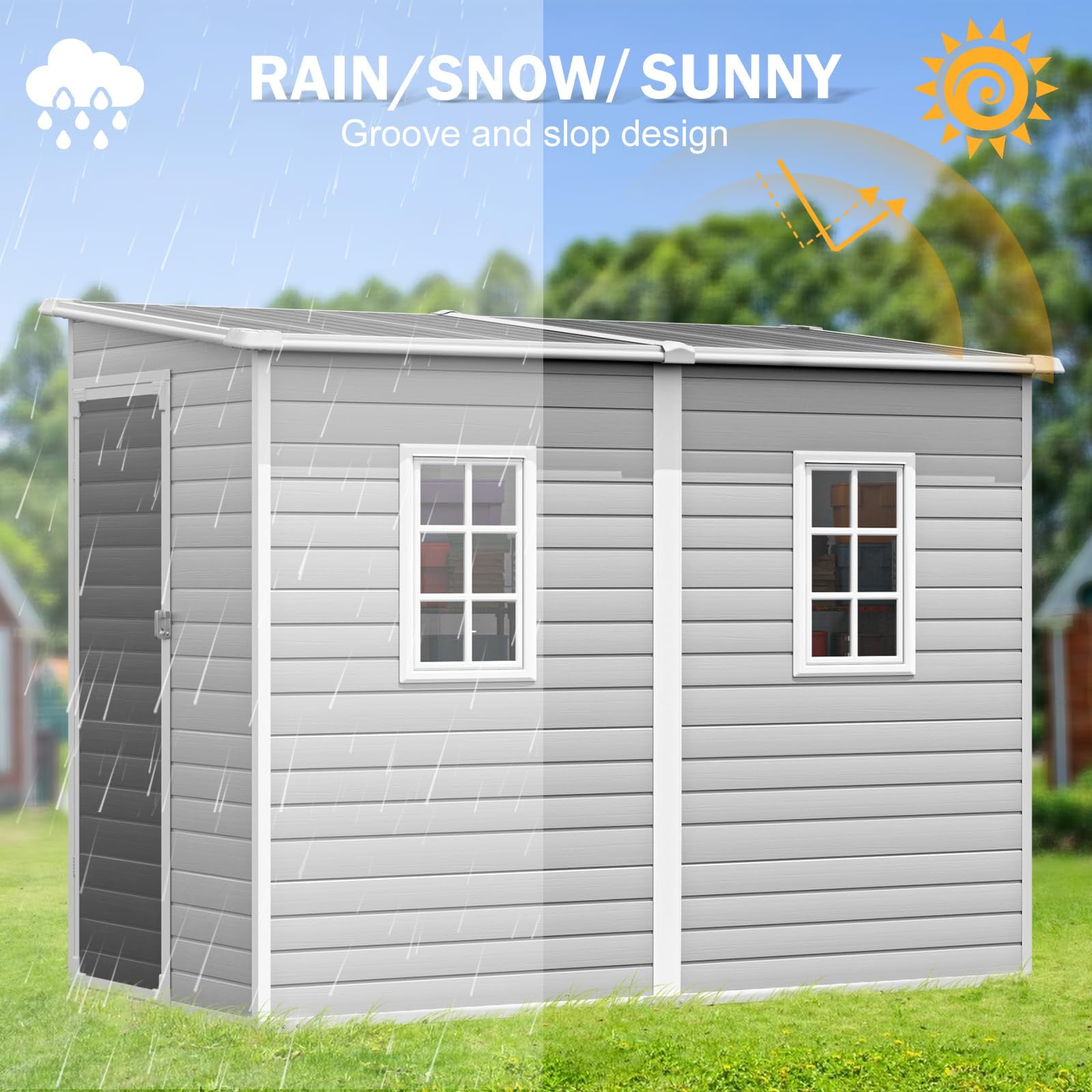 JULY'S SONG 8x4 Outdoor Storage Shed with Floor, Heavy Duty Resin Sheds with Openable Windows & Lockable Doors, Plastic Storage Cabinets for Outside, Grey