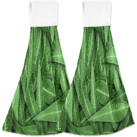 

SKYSONIC 2 PCS 12 x17 Hand Towels for Kitchen Nature Green Leaves with Raindrop Bathroom Hand Towels Kitchen Towels with Hanging Loop Hanging Tie Towels