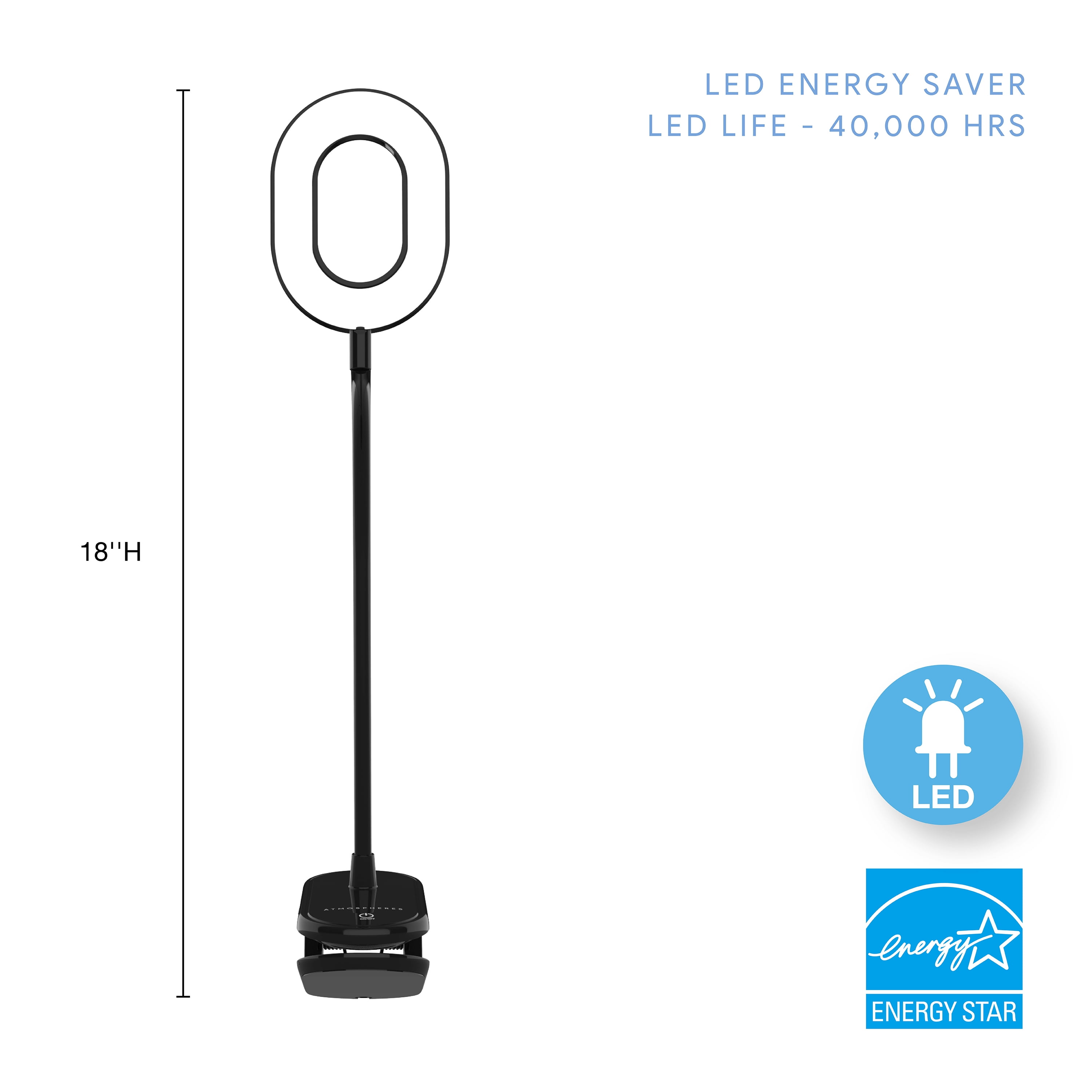 Atmospheres Task Lamp, USB Rechargeable Clamp-on LED Desk Light, Glossy Black