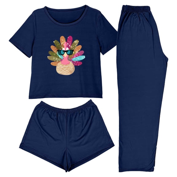 Levmjia Womens 3 Piece Pajama Set Short Sleeve Top Sleepwear With Pants and Shorts Thanksgiving Soft Casual Home Comfort Relaxing Nightwear Daily Wear