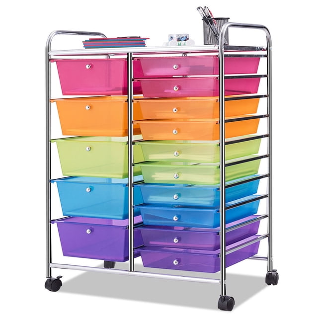 Costway Carro con Ruedas Cajones Contenedor con Ruedas Carro de Baño con 15 Cajas Apilables Multicolor y Transparente 62,5 x 37 x 87 cm
