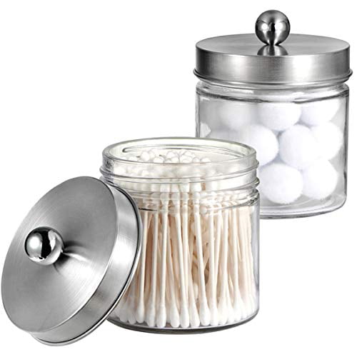 Cotton Balls with Lid for Q tips mDesign Bathroom Vanity Square Glass Storage Organizer Canister Jar Clear/Rose Gold Cotton Rounds Bath Salts Cotton Swabs Makeup Sponges Pack of 2 