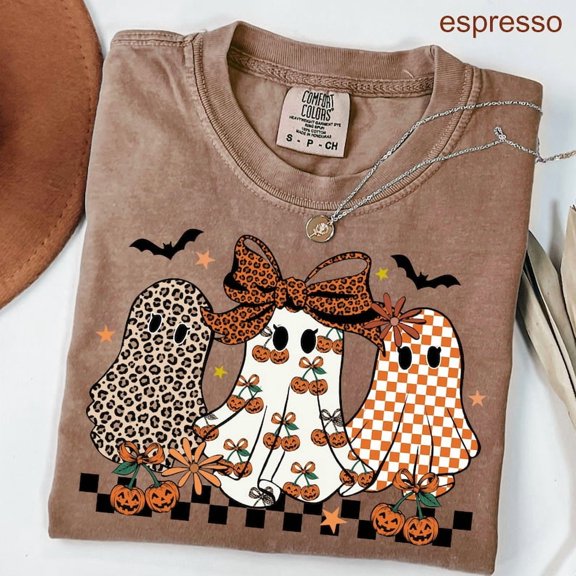 Cute Ghost Bow Halloween T-Shirt, Coquette Ghost Graphic Tee, Retro Spooky Season Shirt, Vintage Pumpkin Bow Fall Apparel Gift for Her - Espresso, S