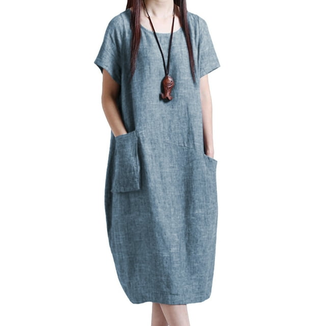 Vestido suelto de mujer, vestido largo midi vintage de verano de manga corta Irfora Azul L