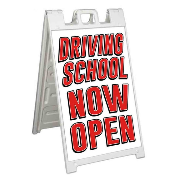 Driving School Now Open (24" X 36") Standard A-Frame Signicade, Includes Decal Applied To Stand