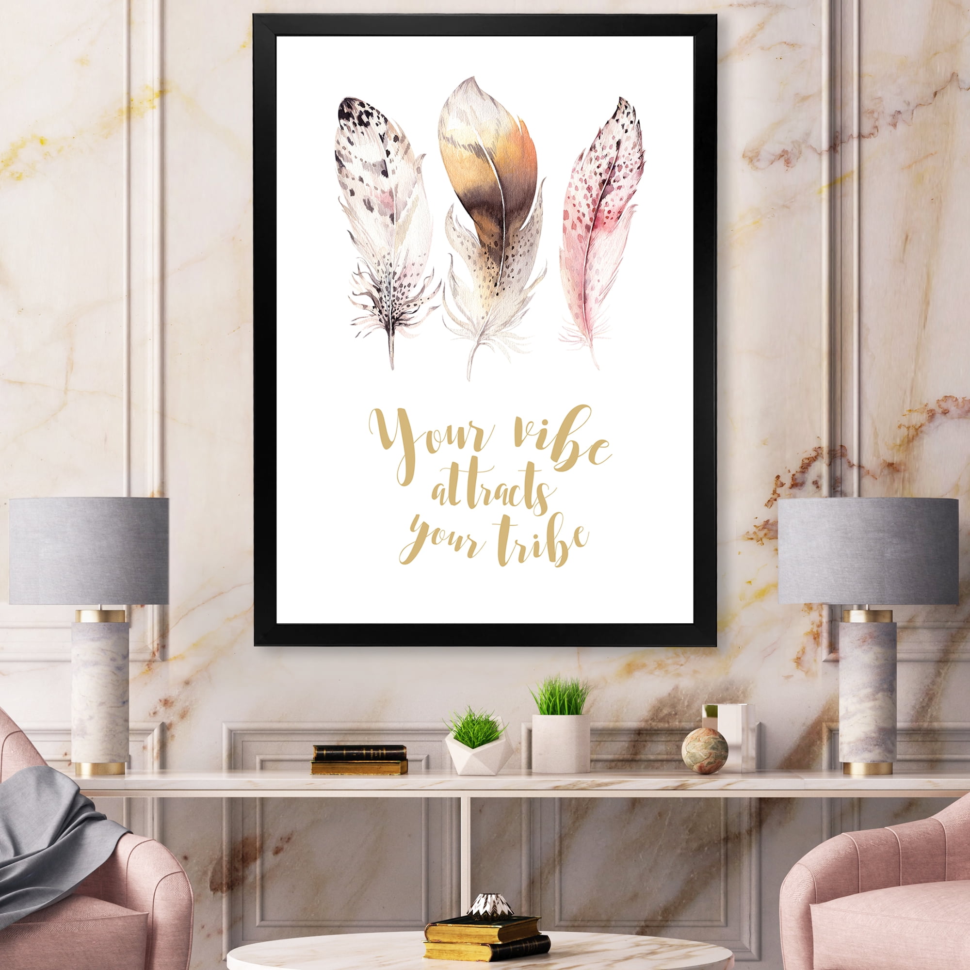 Designart 'Your Vibe Attracts Your Tribe Ethnic Feathers I' Bohemian & Eclectic Framed Art Print