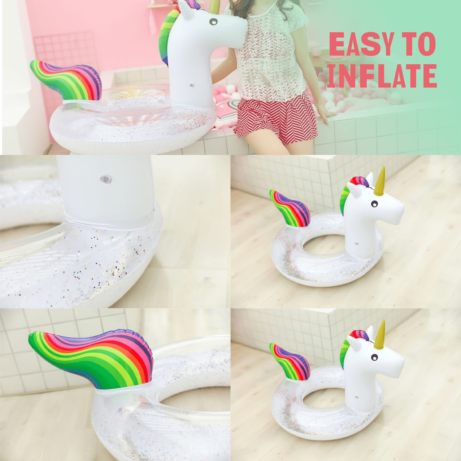 Inflatable Unicorn Pool Float Ride with Fast Valves Large Rideable Blow-up Summer Beach Swimming Pool Toys Kids Adults (48 inch)