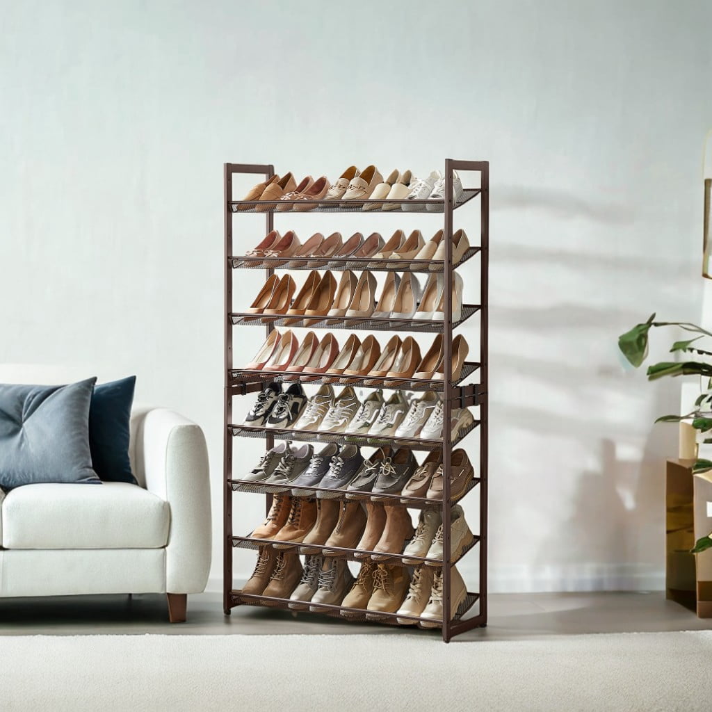 Shoe Rack, 8-Tier Shoe Organizer, Metal Shoe Storage, Entryway, Set of 2, 4-Tier Stackable Shoe Shelf, with Adjustable Flat or Angled Shelves