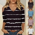 thumbnail image 5 of Dvprdro Women's Casual 3/4 Sleeve Off-Shoulder Tops Trendy Striped Printed V-Neck Cut Out Comfortable Stylish Tops for Women Blue 2XL, 5 of 5