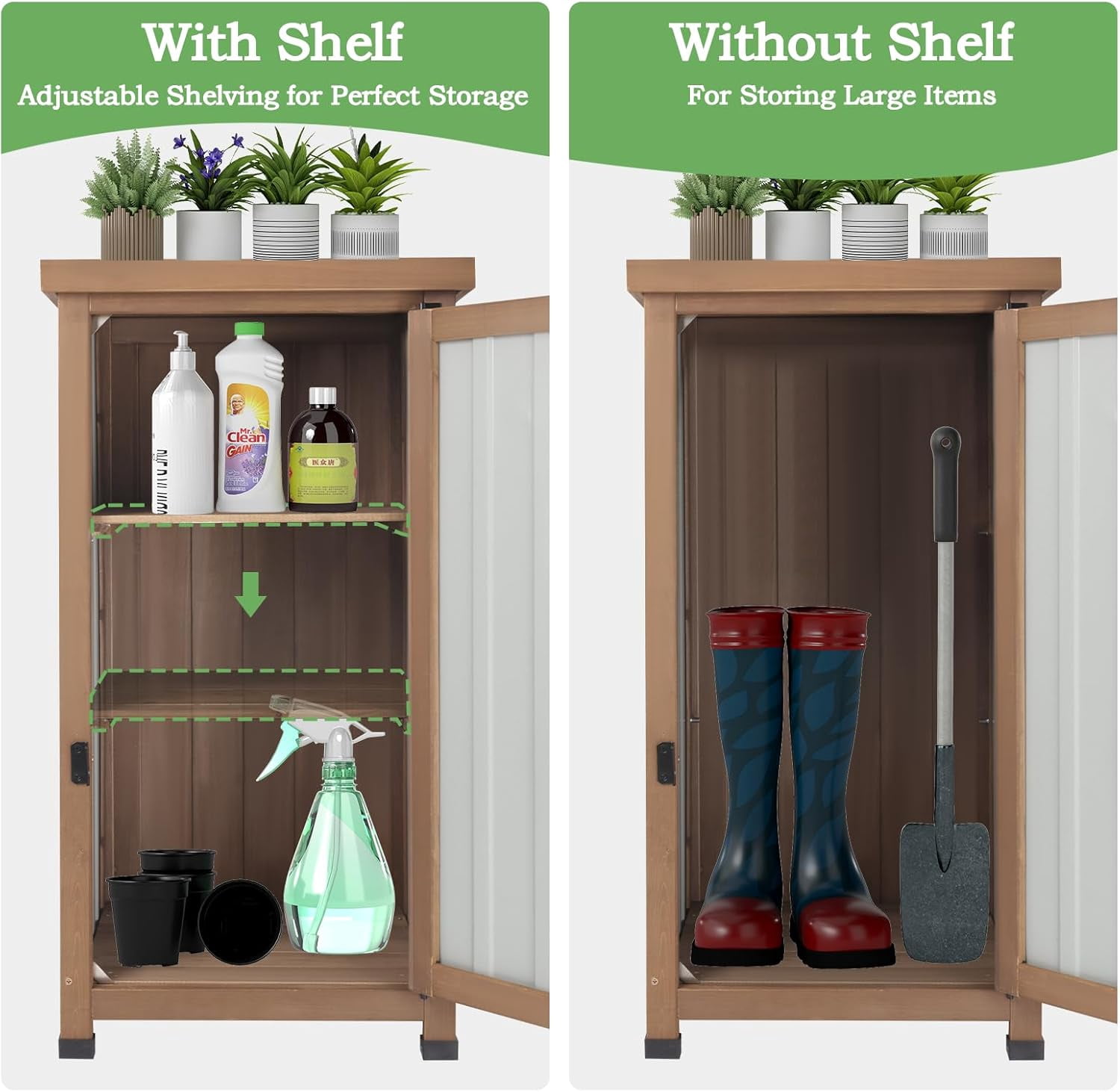 Outdoor Storage Cabinet Waterproof with Metal Top, Wooden Table Tool Organizer with Adjustable Shelf for Patio Backyard Garden