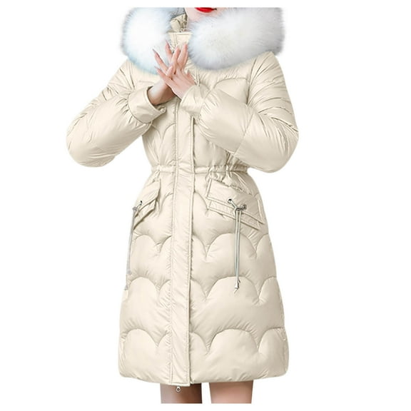 Women Hoodies Zip Mid Long Puffer Down Jacket with Removable Faux Fur Hood Tunic Drawestring Pockets Winter Coat