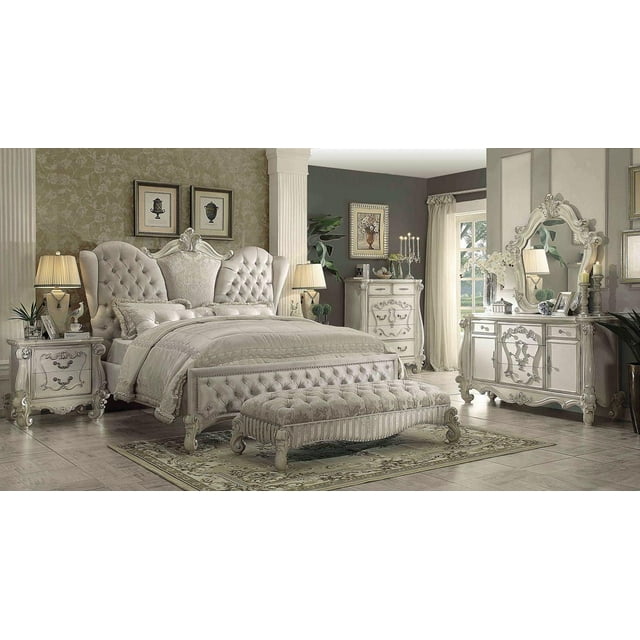 Acme Furniture 21127EK Versailles Ivory Velvet & Bone White King Bedroom Set 3Pc
