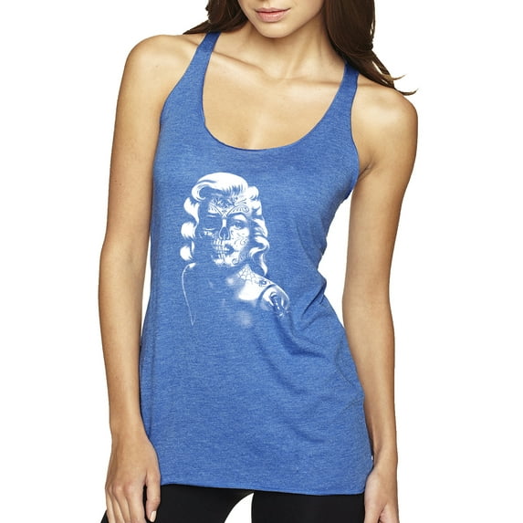 Manilyn Monroe Skull Face and Body Tattoo | Womens Pop Culture Premium Tri-Blend Racerback Tank Top, Vintage Royal, Large