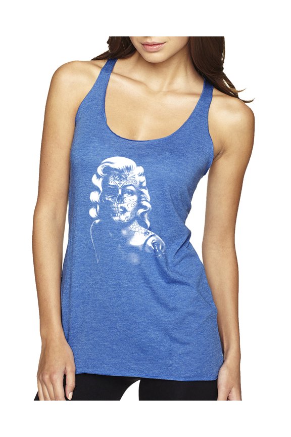 Manilyn Monroe Skull Face and Body Tattoo | Womens Pop Culture Premium Tri-Blend Racerback Tank Top, Vintage Royal, Small
