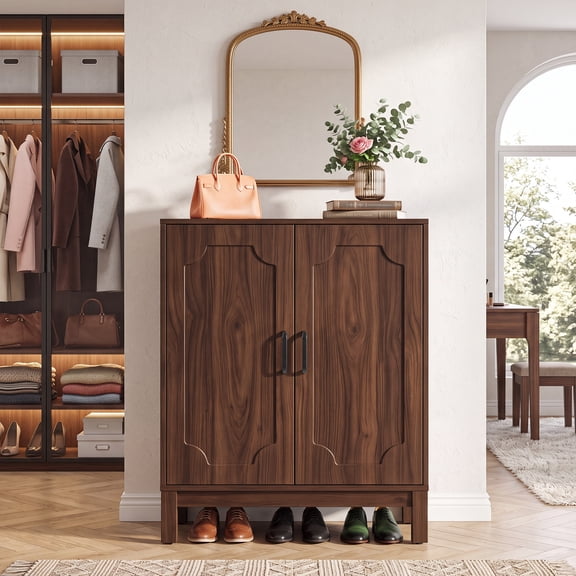 5-Tier Shoe Storage Cabinet with Adjustable Shelves & Doors, Farmhouse Entryway Organizer, Walnut