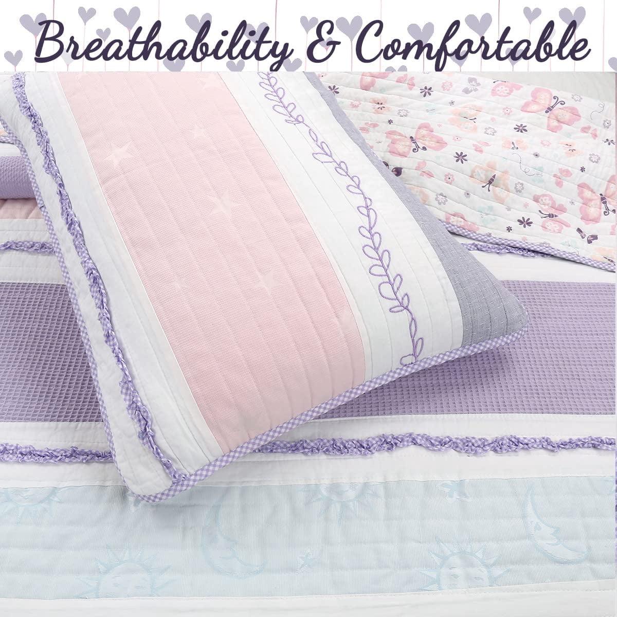 Cozy Line Lavender Blue Pink Ruffles Girl Cotton Reversible Quilt Bedding Set (Queen-3 Piece)