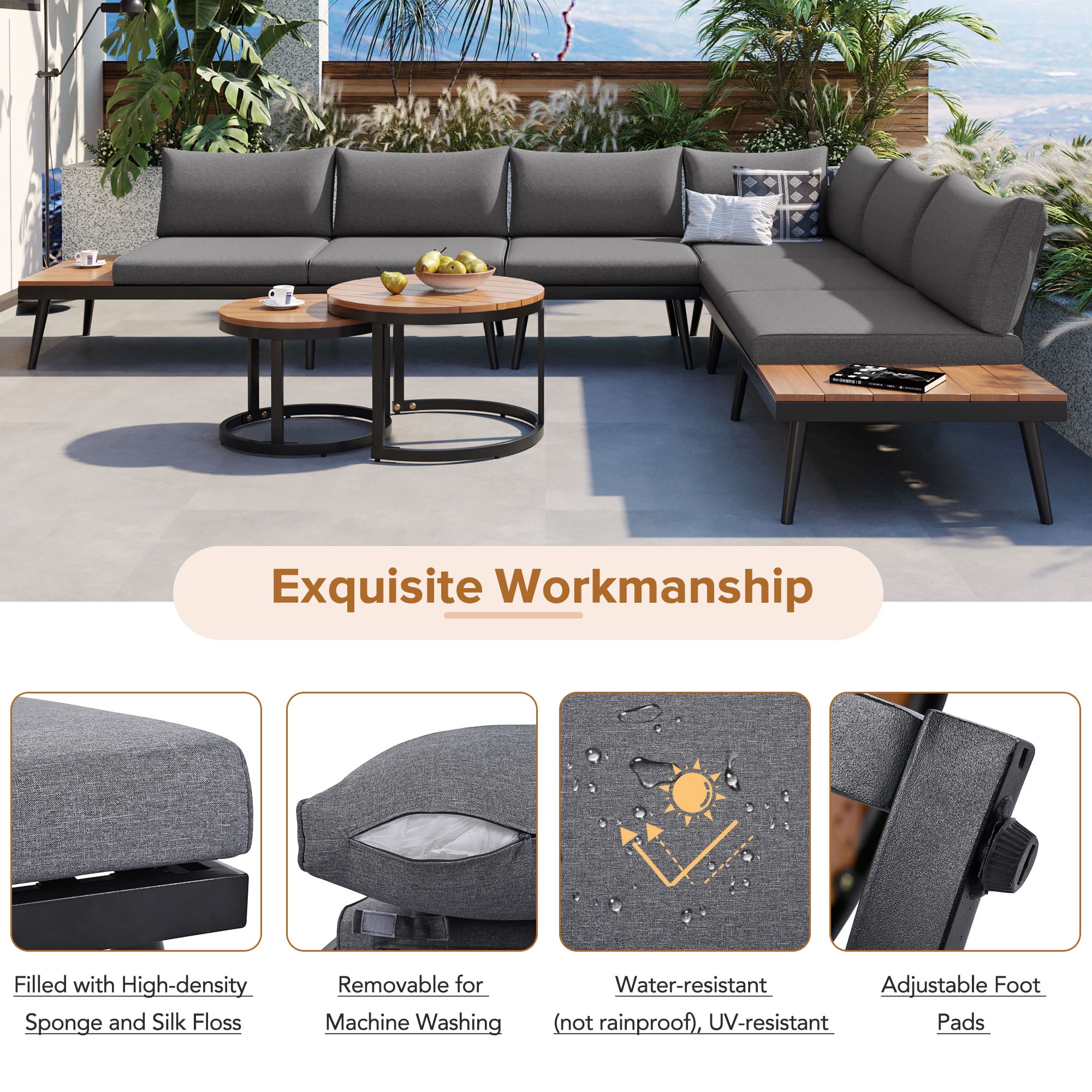 Harper & Bright Designs Metal Outdoor Sectional Furniture L Shape Patio Conversation Sets, 6 Pieces Patio Furniture Sets with Round Nesting Coffee Tables for Garden, Backyard and Porch
