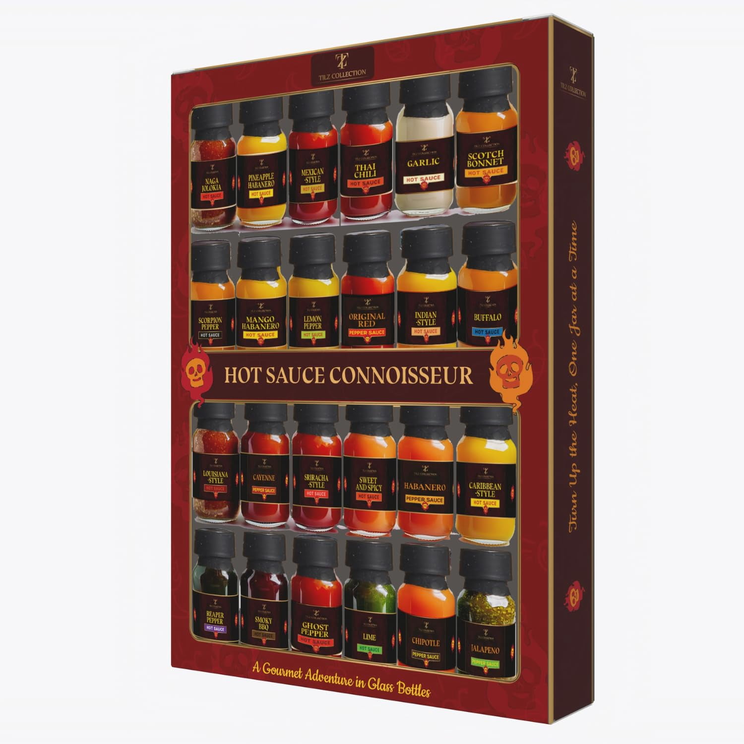 Tilz, Hot Sauce Gift Sets |24 Hot Sauce Bottles, Sampler, Chilli Sauce, Food Gifts For Men |Sriracha, Jalapenos, Garlic, Cayenne Pepper, ⁠Scotch Bonne, ⁠BBQ, Chipotle | Gifts for Men, Women