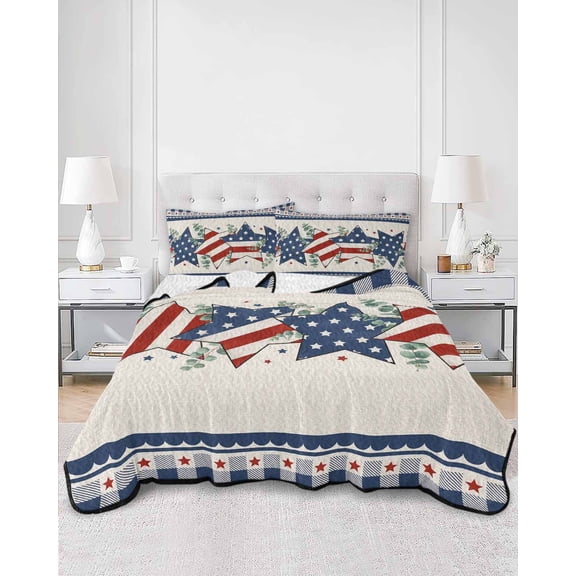 Quilts Twin Size, 4th of July Soft Comforter Bedding Set for Bed, Independence Day Eucalyptus Leaves Blue Red Star Lightweight Quilted Bedspread with Pillow Cover(2 Pieces) for All Season, 68x86 Inch