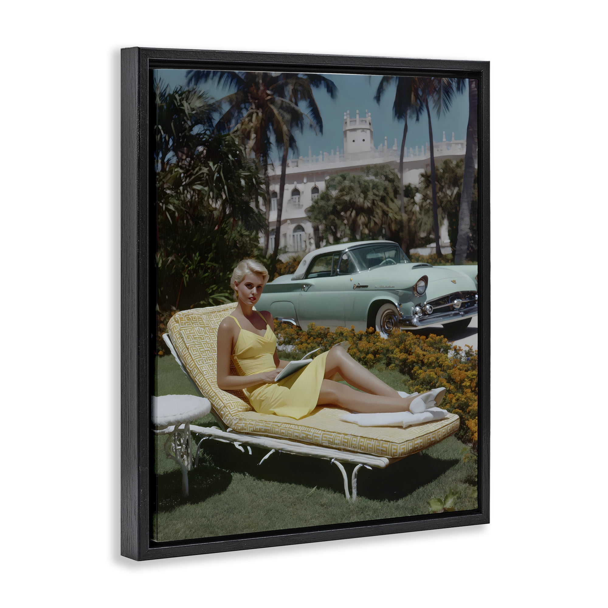 Stupell Industries Vintage Sunbathing Woman Black Framed Floater Canvas Wall Art, design by Franklyn Gregory