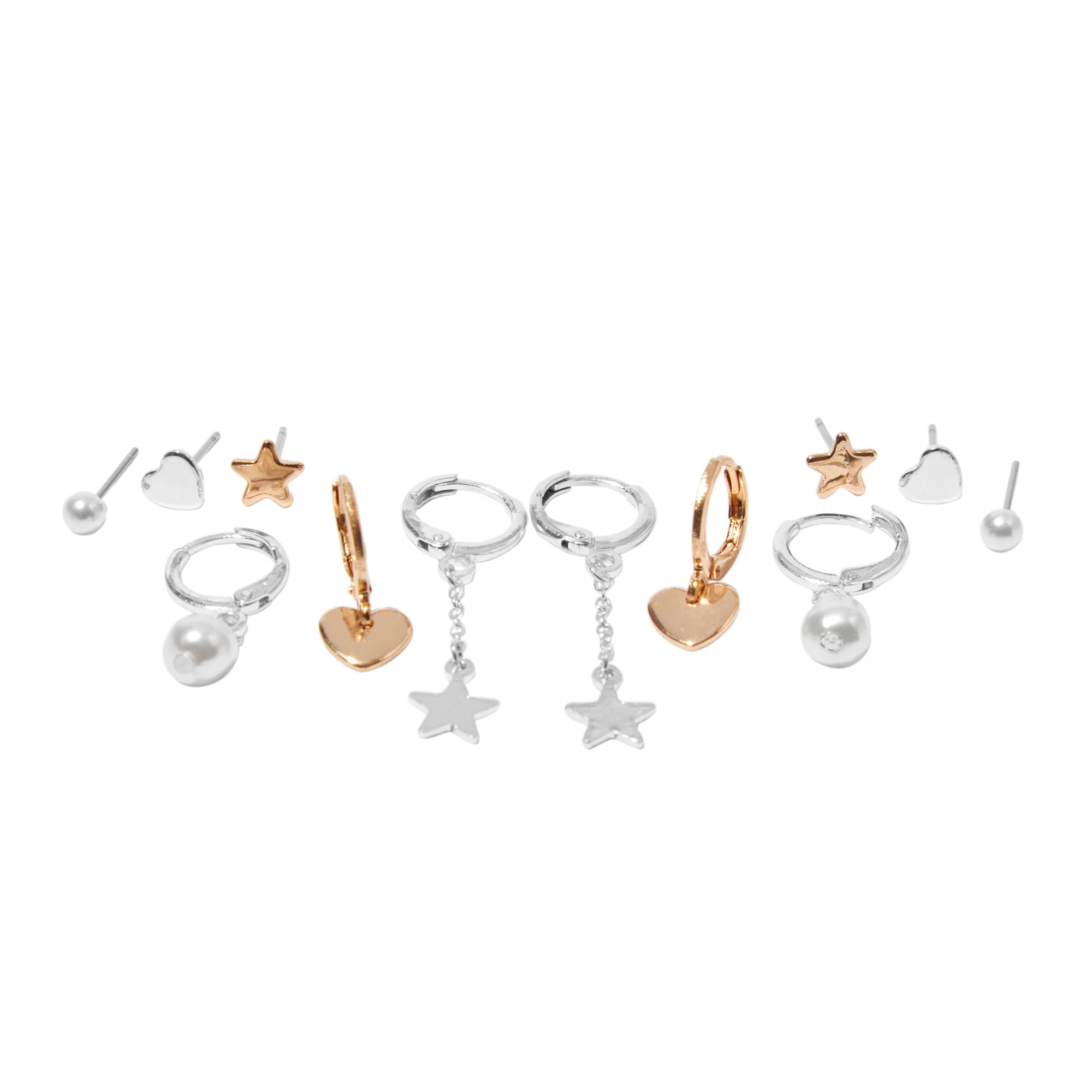 Claire's Teen Girls Stackable Silver and Gold Star and Heart Earring Set, 6-Pack