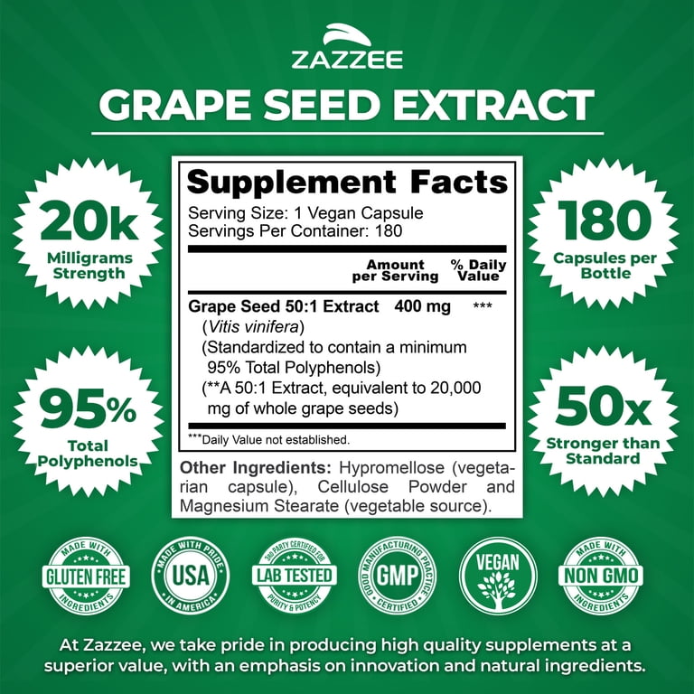 Zazzee Grape Seed Extract 400 mg Vegan Capsules, 180 ct - Walmart.com
