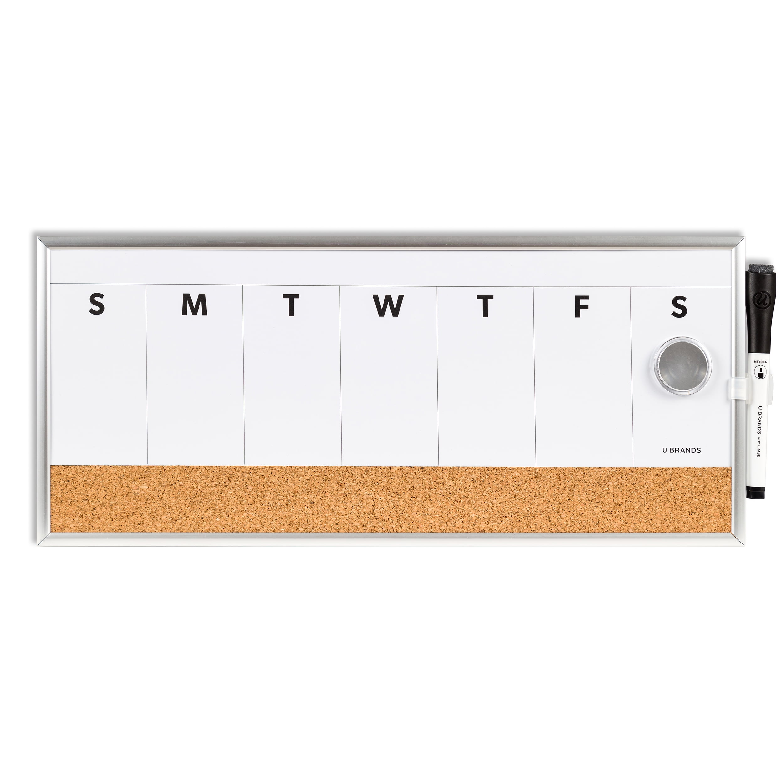 U Brands Weekly Calendar Whiteboard Cork Board Combo, 7" x 16", Silver