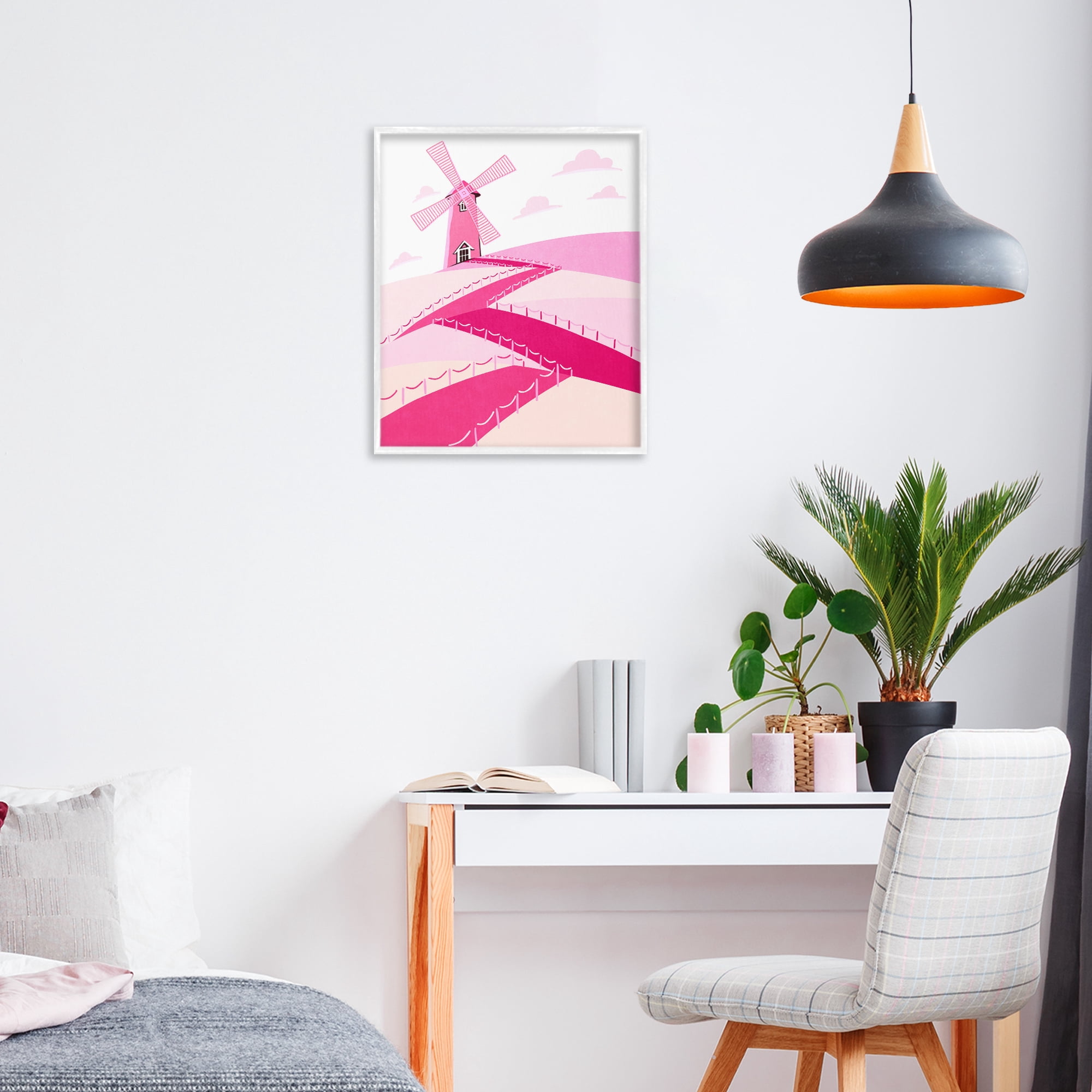 Pink Hills and Windmill White Framed Giclee Art, design by Ziwei Li