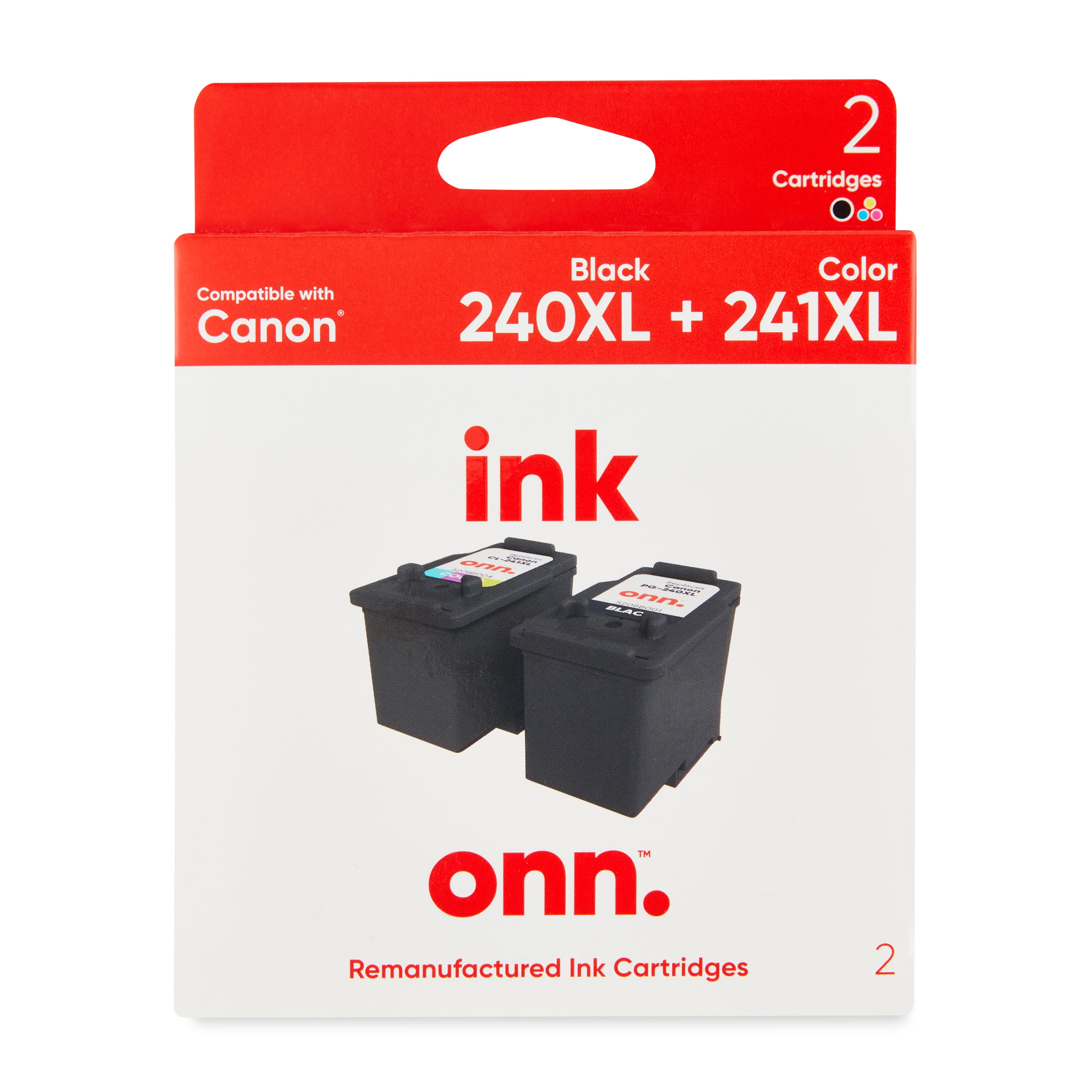 onn. Remanufactured Ink Cartridge, Canon PG-240XL Black, 241XL Tri-Color (Cyan, Yellow, Magenta), 2 Cartridges