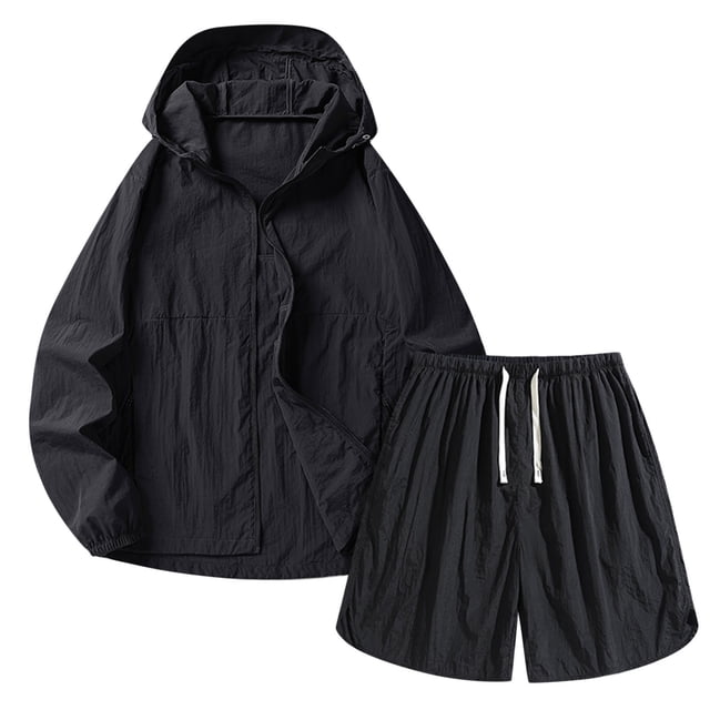 Hooded Sun Protection Jacket and Short Pants Suit for Men, Breathable Polyester Outdoor Fishing Exercise Set, Black S