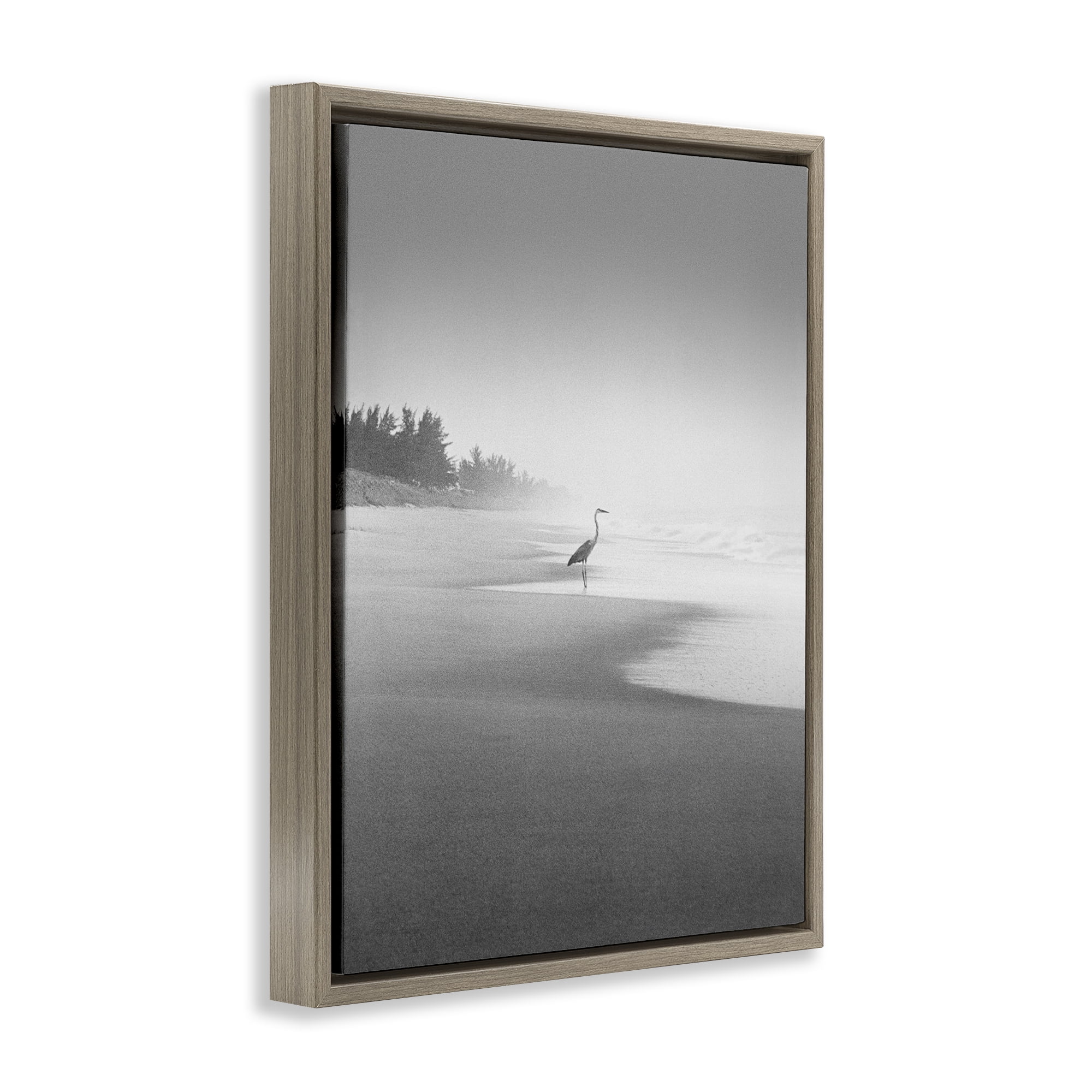 Stupell Industries Heron on Beach Coast Coastal Photography Brown Floater Framed Canvas Art Print Wall Art, 25 x 31