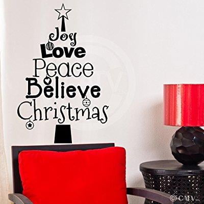 christmas tree words (joy, love, peace, believe, christmas) wall saying vinyl lettering home decor decal stickers