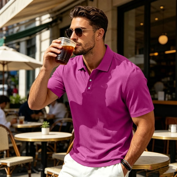Domuza Mens Polo Shirts 3 Buttons Cotton Short Sleeve Golf Collared Basic Shirts Lightweight Breathable Soft Classic Top Purple M