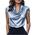 thumbnail image 2 of YFNNUP Silk Stain Blouses for Women Short Sleeve Summer Dressy Casual Work Tops Cowl Neck Elegant Formal Business Party Office Shirts, 2 of 8