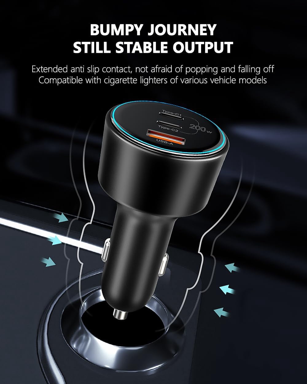 200W Car Charger, USB C Car Charger PD3.0 QC4.0 PPS Fast Charging Car Adapter with 2 100W USB C Cable 3 Port Type C Cigarette Lighter for Dell XPS, MacBook, iPhone 16 15 14, Galaxy S24 Ultra