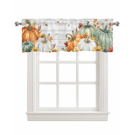 Fall Shade Short Curtain for Kitchen Orange Green Pumpkin Leaves Sunflower Window Treatment Valance Curtain for Bathroom Living Room Bedroom Privacy Rod Pocket Drapes 42 W x 12 L 1 Panel