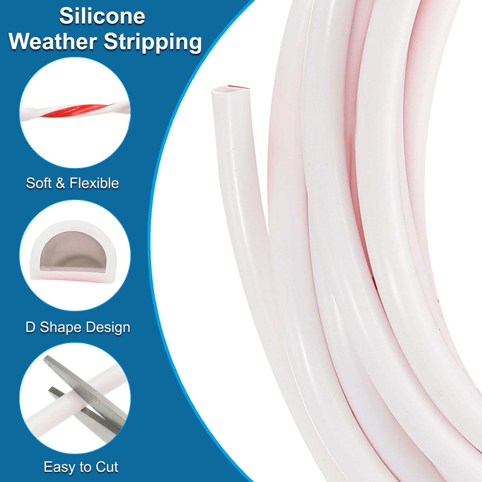 Uxcell 20 Ft 3/8" W x 1/4" T D Shape Silicone Weather Stripping Door Seal, White/Red