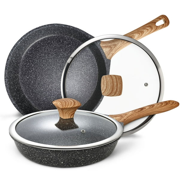 Miusco Nonstick Frying Pan Set with Lid, Natural Granite Stone Coating