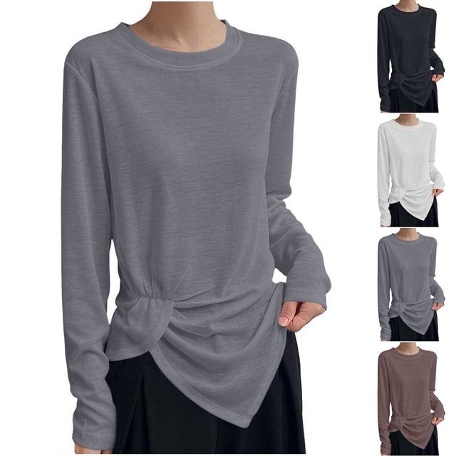 Neewe Womens Long Sleeve Shirts Basic Tee Fall Trendy Pleated Casual Slim Basic Comfy 2026 Fashion