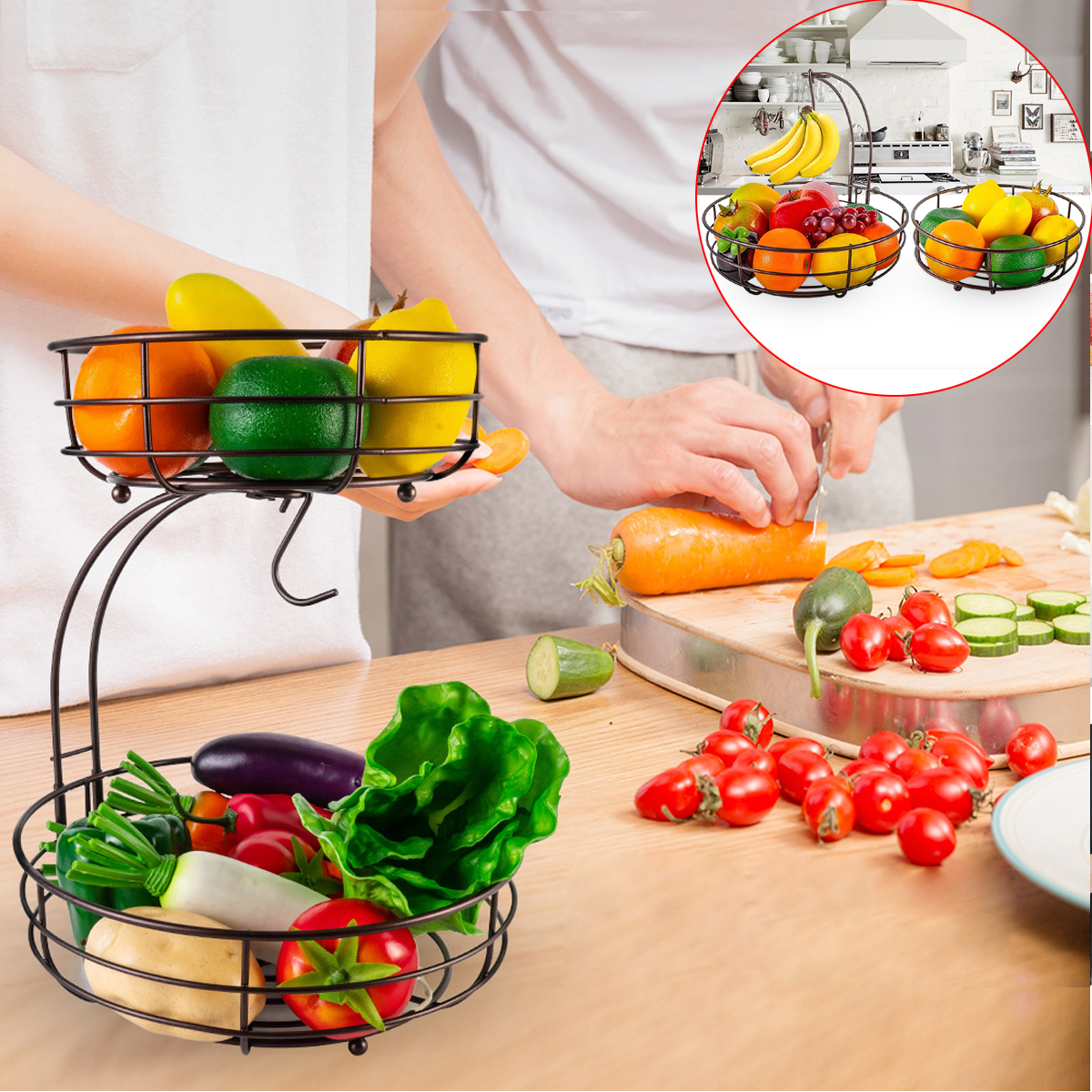 2Tier Delicate Solid Fruit Display Basket Hanging Basket Sturdy Metal