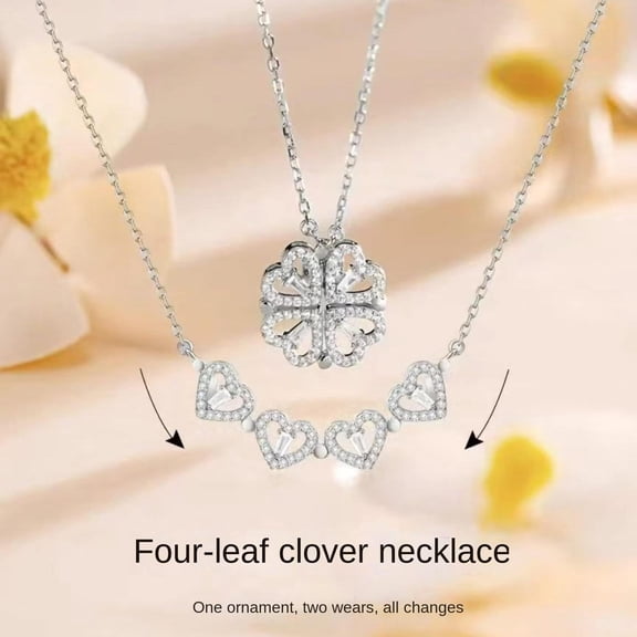 NICKSUN 2 in 1 Four Leaf Clover Charm Lucky Necklace Heart Crystal Pendant Necklace Link Valentine's Day Jewelry Gift for Women
