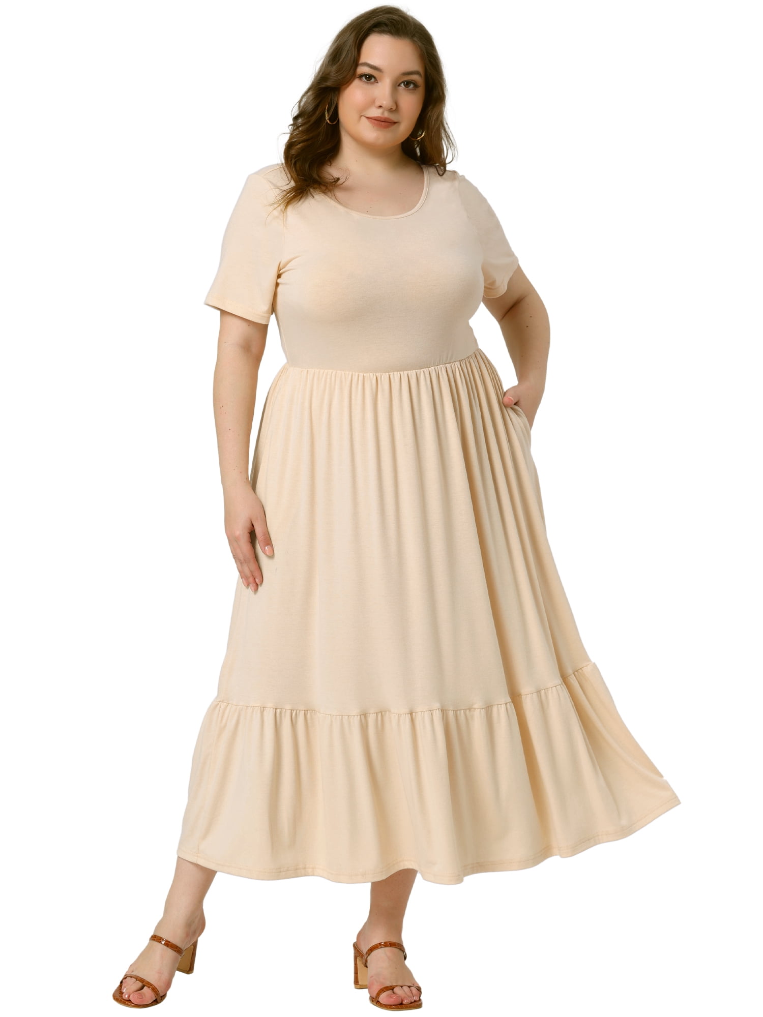 DARING DIVA Plus Size Short Sleeve Crew Neck Flowy Maxi T-Shirt Dress 3X Apricot