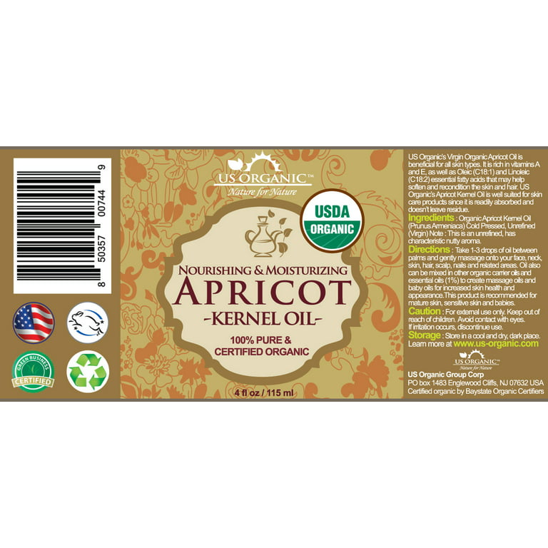 US Organic Apricot Kernel Oil, 100% Pure Certified USDA Organic 