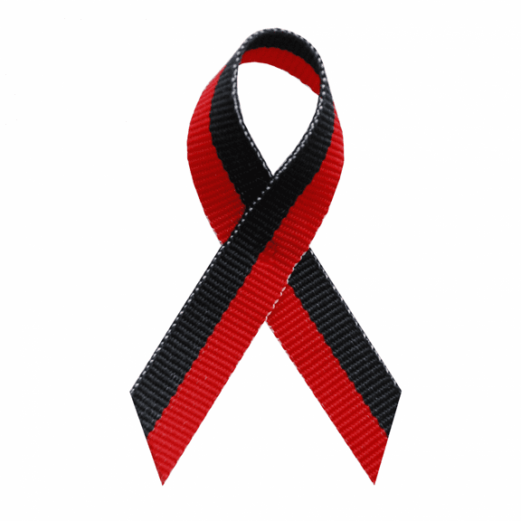 USA Made Red & Black Bi-Stripe Awareness Ribbons - Bag of 125 Lapel Ribbons w/ Safety Pins (Many Colors Available) (Pin Already Attached)