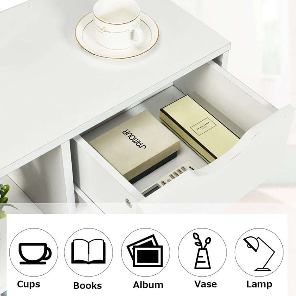 Finihen Side Table, 3-Tier Side Table with Storage Shelf and Drawer Space, for Living Room, Bedroom, White Finihen Side Table, 3-Tier Side Table with Storage Shelf and Drawer Space, for Living Room, Bedroom, White