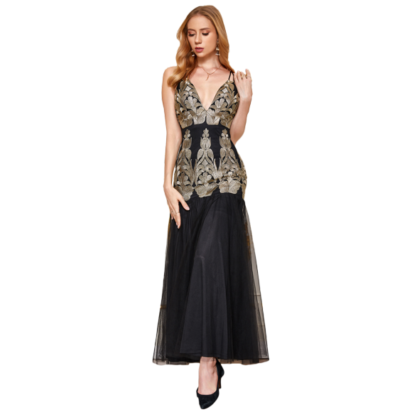 ANGEL FASHIONS Women Deep V Neck Embroidery Tulle Evening Dress Large
