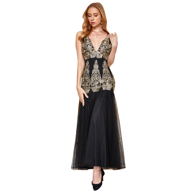 ANGEL FASHIONS Women Deep V Neck Embroidery Tulle Evening Dress Medium