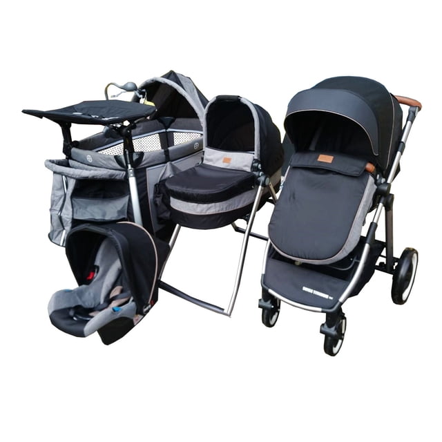 Combo de Lujo AEIOU Cuna Corral, Carriola, Bambineto y Portabebé Francia Negro/Gris 4 piezas